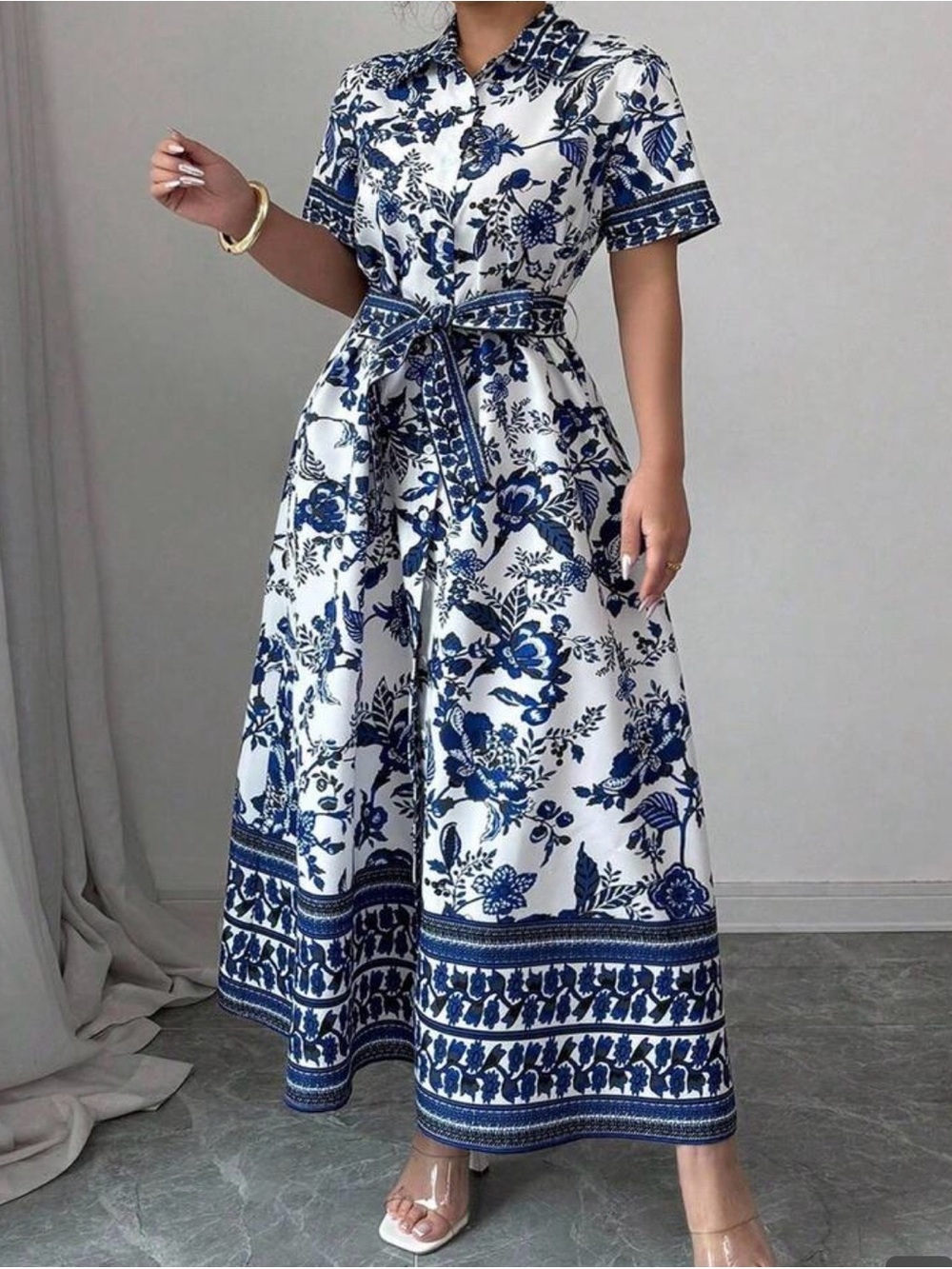 Blue & White Floral Belted Shirt Dress